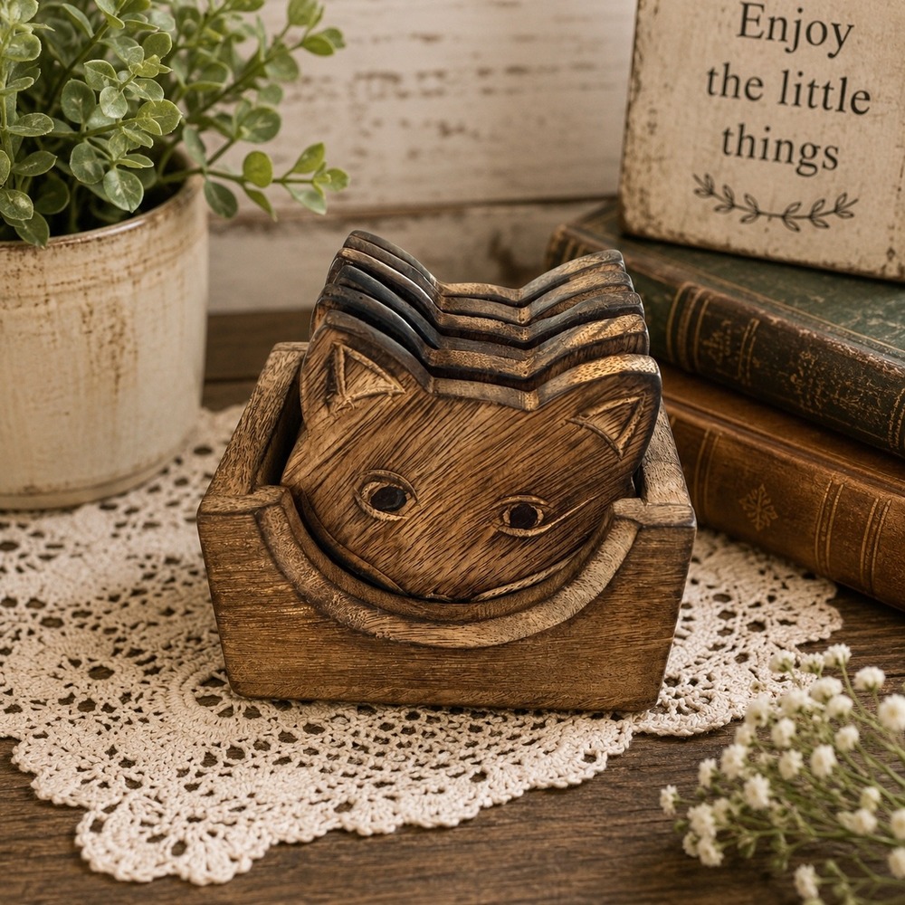 Handmade Wooden Fox Cat Face Coaster Set of 6 with Holder Rustic Brown India